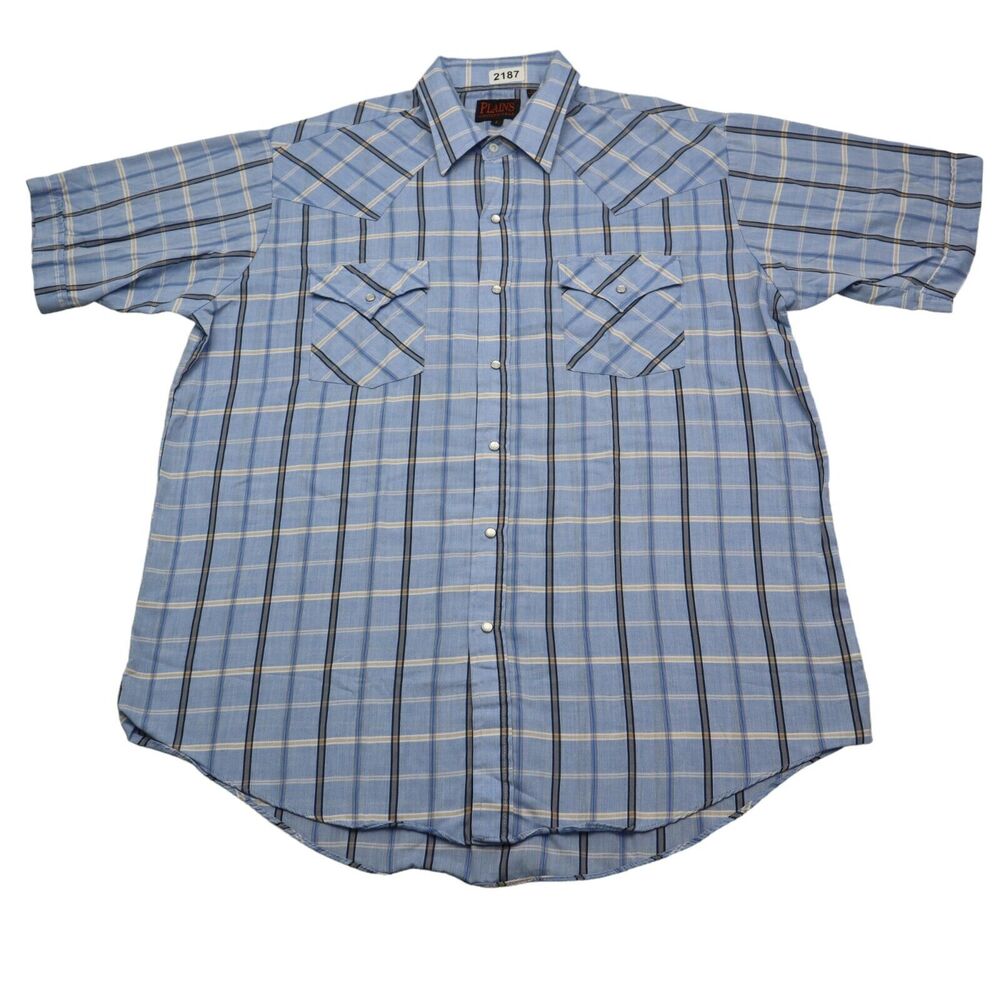 Plains Western Wear Shirt Mens Large Blue Pearl Snap Button Cowboy Workwear